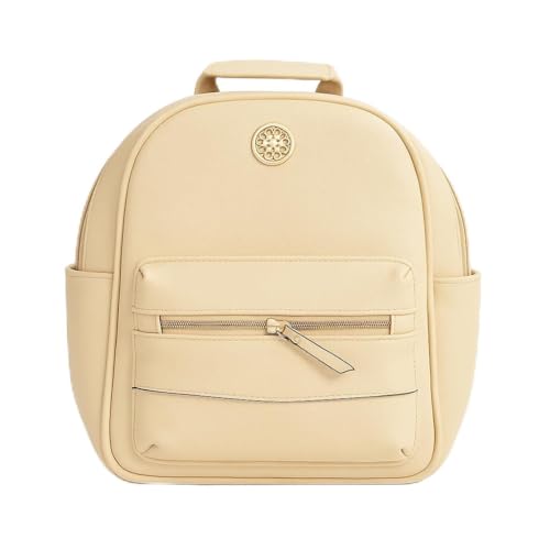 Mochila Feminina Luxo Monogramada Estilo Grife Internacional Alças Confortáveis Ajustáveis Zíper Dourado Espaço Interno Grande Bolsa Casual, Trabalho e Passeio (Bege)
