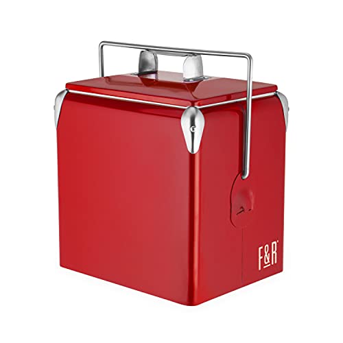 Foster & Rye Stainless Steel Retro Cooler, Vintage Metal cooler, Antique Beverage Chiller and Ice Chest, Plastic Lined Drink Chest, Mounted Bottle Opener, Holds a 6-pack, Red