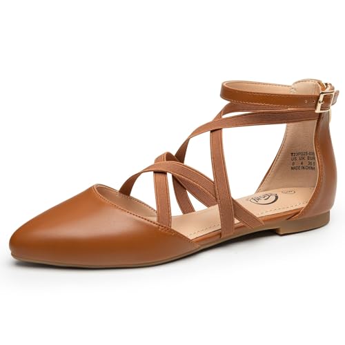 Trary Flats for Women, Mary Jane Shoes Women Ballet Flats with Elastic Ankle Straps, Comfortable Pointed Toe Dress Shoes for Office or Casual Wear