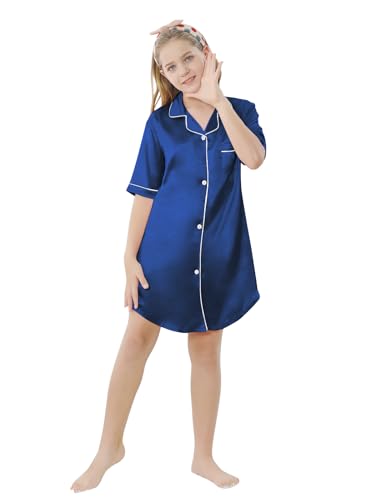 Image of Schbbbta Girls & Women Silk Nightgown, Short Sleeve Button Down Satin Nightshirt Pajama House Dress, 3 Years- Women 2XL