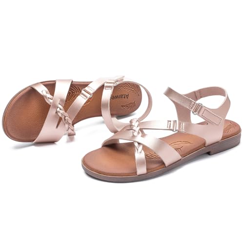 Image of Ataiwee Women's Flat Slide Sandals - Comfortable Open Toe Design,Casual Slip-On with Ankle Strap,Hook-and-Loop Closure Summer Sandals.