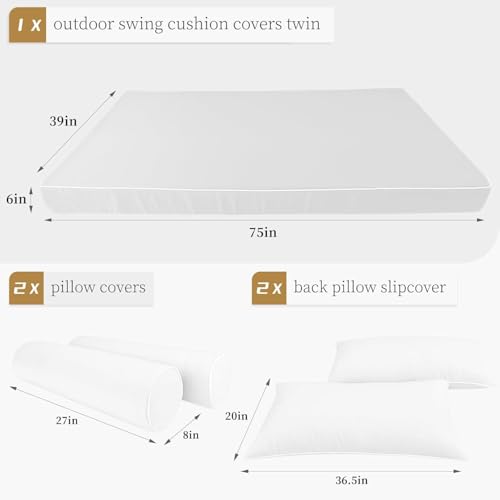 Image of Outdoor Daybed Cushion Cover Twin,Daybed Mattress Bolster Pillow Fitted Sheet Cover,Twin Size Outdoor Daybed Cushion Covers (White, 75 * 39 * 6in)