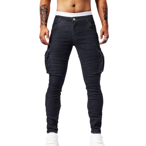 Men's Slim Fit Jeans with Multi Pockets Casual Cargo Denim Pants Streetwear