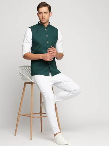 Image of SHOWOFFFF Men Solid Ethnic Nehru Jacket | Mandarin Collar Sleeveless Cotton NehruJacket for Mens | Slim Fit Regular Length NehruJackets for Men's