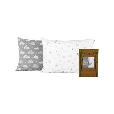 Unisex Premium Bamboo Toddler Pillowcase / Pillow Cover - Pack of 2 - Envelope Style - 100% Bamboo - 180GSM : Lightweight, Breathable & Super Soft : 33x46cm - 40x60cm (Grey Clouds & Stars) Cover