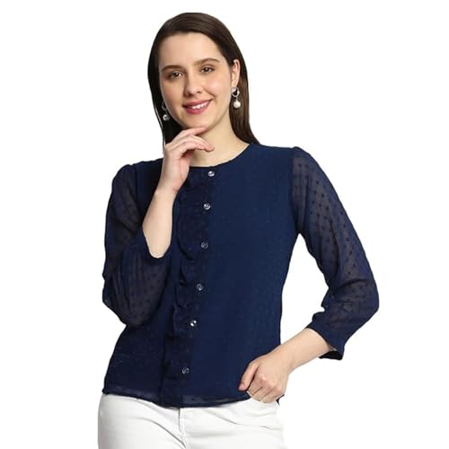 Image of PRETTIFY Women's Regular Fit Solid Embroidery Georgette Waist Length, 3 /4 Sheer Sleeve, Round Neck Casual Wear Western Shirt Top for College /Office Girls