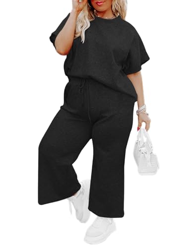 Imily Bela Womens Plus Size 2 Piece Sets Summer Vacation Outfits Short Sleeve Tops and Wide Leg Pants Matching Lounge Set