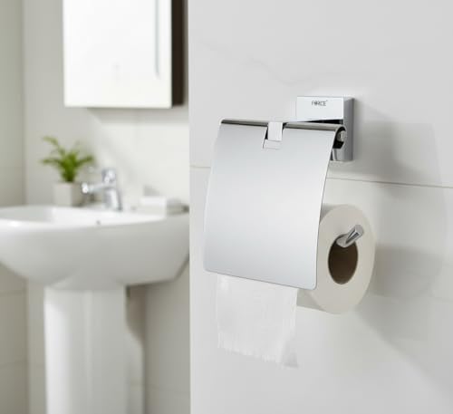 Image of Force Toilet Paper Holder with Shelf - Pack of 2 - Wall Mounted Stainless Steel 304 - Brushed Chrome Finish - Square Brass Base - Rustproof Bathroom Tissue Roll Stand with Storage Shelf