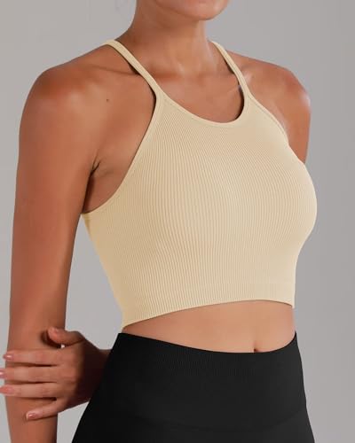 Image of Sunzel Free to Be Tank, Crop Ribbed Tank Tops Seamless Racerback Camisoles No pad Camis Cropped Workout Gym Yoga