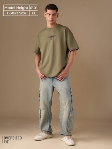 Image of The Souled Store Freedom: Wings of Honour Men and Boys Short Sleeves Round Neck Green Graphic Printed Heavy Gauge Fabric Oversized T-Shirt