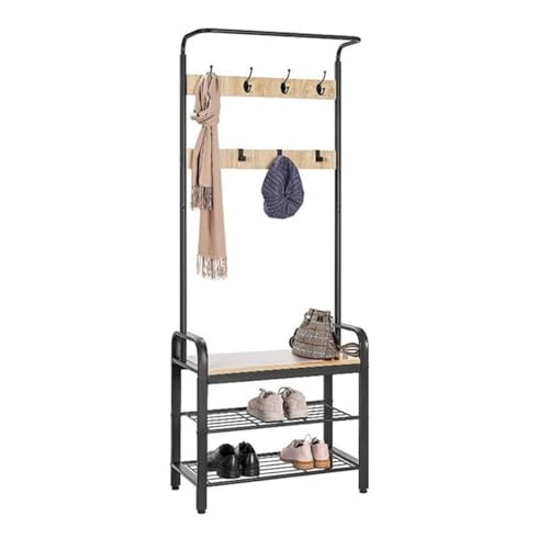 glmjyydslwx Colgador Ropa - Perchero con Banco Zapatero - Ganchos - Compartimentos Abiertos - Estructura Metálica - para Pasillo Salón - Estilo Moderno - Negro - 72x34x184CM - Ahorra Espacio