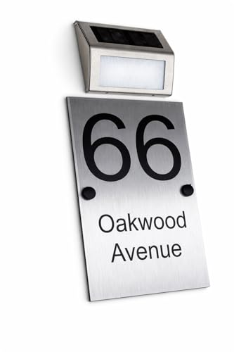 Personalised Door Signs with LED Solar Light Option – Custom Aluminium House Number Plaque with Street Name – Weatherproof Modern Outdoor Address Plate (Silver)