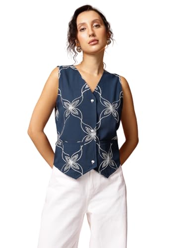 Image of Amazon Brand - INKAST Women Floral Textured Sleeveless Button-Down Vest with Pockets | V-Neck Waistcoat Blouse | Pointed Hem | Tunic Top