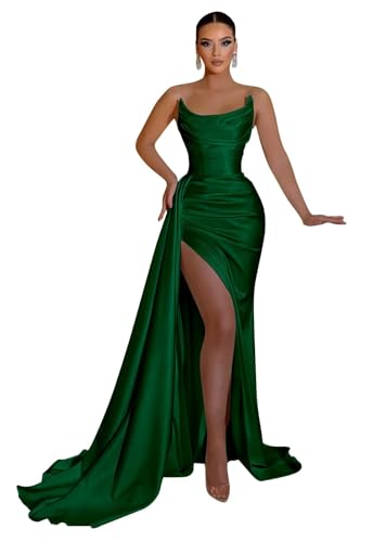 Women's Mermaid Satin Prom Dresses Long Ball Gown Corset Formal Dress Evening Party Gown with Slit