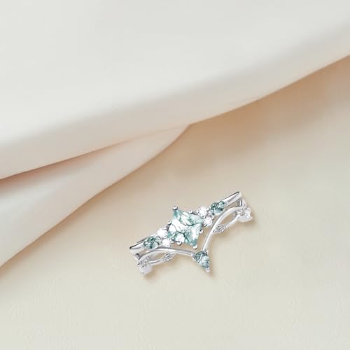 Moss Agate Wedding Ring Set S925 Sterling Silver 10K/14K/18K Gold Personalized Unique Engagement Moss Agate Ring Set Moss Agate Jewelry for Women Wife(White/Black)4