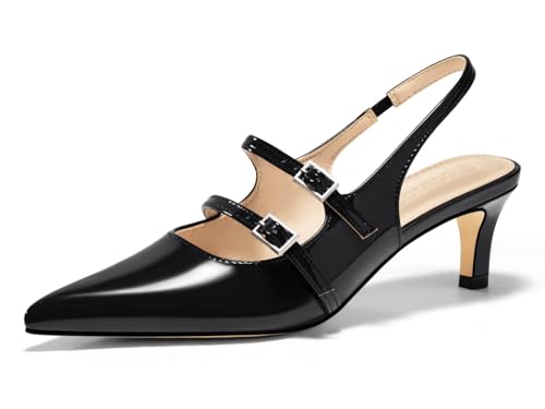 Coutgo Womens Slingback Kitten Heels Mary Jane Pumps Closed Pointed Toe Buckle Strap Wedding Dress Shoes, Black, Size 8