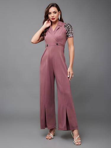 Image of Miss Chase Women's Halter Neck Sleeveless Solid Wide Leg Sequin Paneled Regular Length Jumpsuit