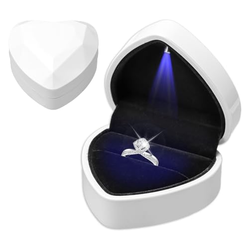 Cncedi Caja de anillo con luz LED, caja de regalo de joyería creativa con forma de corazón de diamante para anillo de boda, propuesta de compromiso, aretes, anillos, collares, broches, gemelos