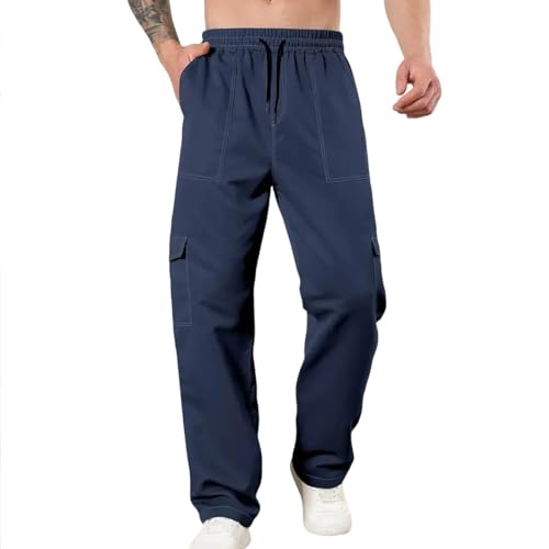 Men's Loose Workout Cargo Pants Casual Smocked Waist Hiking Jogger Outdoor Sweatpants Training Trousers with Pockets