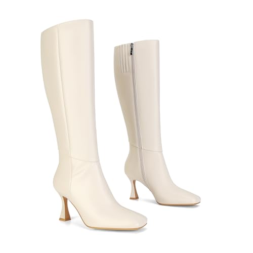 Image of Dsevht Black Leather Knee High Boots for Women Stiletto Kitten Heeled Sexy Boots Square Toe and Side Zipper Design Fashion Dress Boots