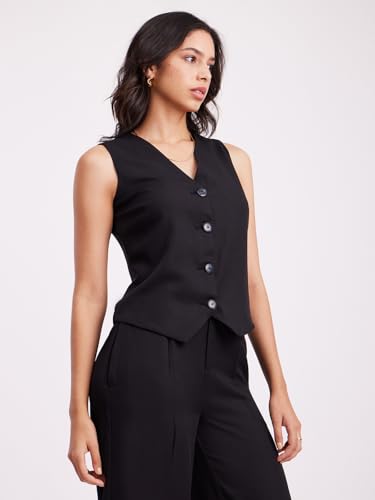 Image of FableStreet Women Formal Top | Tailored Fit Sleeveless V-Neck Solid Black Design | Smooth Moss Lycra Fabric For Office Wear & Business Casual Occasions