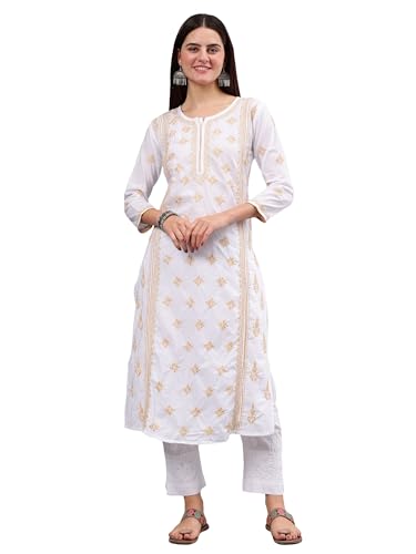 Image of Seva Chikan Hand Embroidered Lucknowi Chikankari Cotton Straight Kurta for Women SCL4567