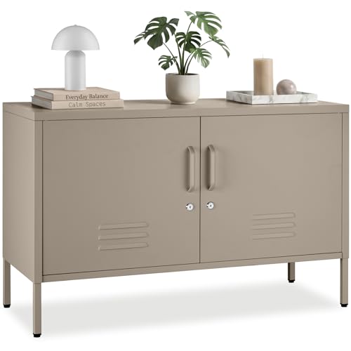 tectake® Aparador Metálico 2 Puertas con Cerradura Magnética, Mueble TV Salon, Estante Ajustable, Muebles de Salon, Protección Antivuelco, Muebles TV - 42,5 x 100 x 65 cm Gris Topo