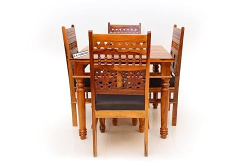 Image of B. N. FURNITURE Solid Sheesham Wood 4 Seater Dining Table Set with Black Cushioned Chairs | 34x34 Inch Square Table | Traditional Handcrafted Wooden Dining Set for Home & Apartment