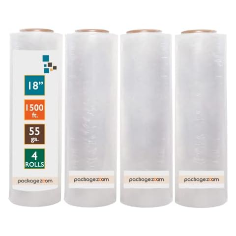 PackageZoom 4 Rolls 18" x 1500 Ft Stretch Wrap Heavy Duty, Industrial Strength Shrink Wrap, 55 Gauge High Performance Stretch Film Replaces 80 Gauge Low Films, Clear Hand Stretch Wrap Cover