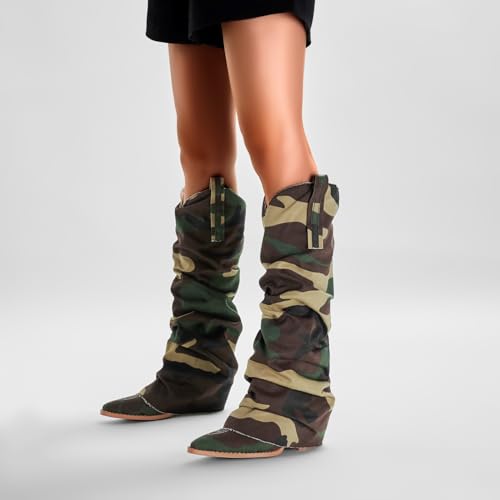 Saint Leia Women's Fashion Pleated Fold Over block heel mid calf boots Casual Ruched Covered Wedge Pointed Toe Knee High Boots 5