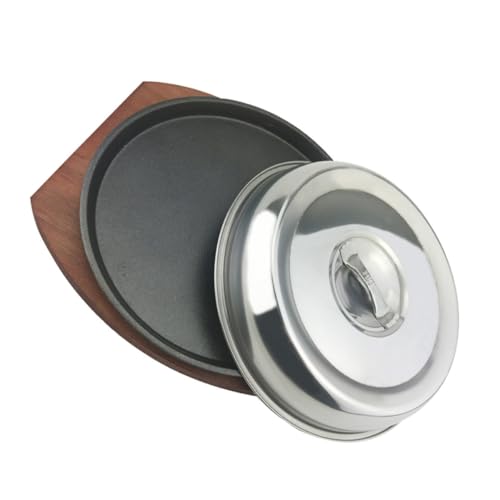 Healeved Plato Redondo de Hierro Fundido para Barbacoa Tapa de Madera, Fácil de Limpiar y Antiadherente, Adecuado para Asar Carne en Casa