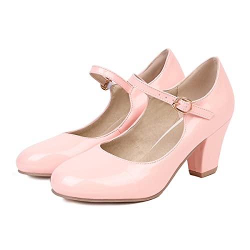 CoceMoce Trendy Chunky Heel Pumps for Women Closed Round Toe Patent Leather Mary Janes Dress Shoes with Ankle Strap Dating Wedding Office