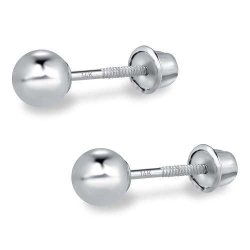 14k Real White Gold Ball Stud Earrings for Women & Men (2mm-8mm Diameter) - Real 14k Gold, Secure Screw Back Design
