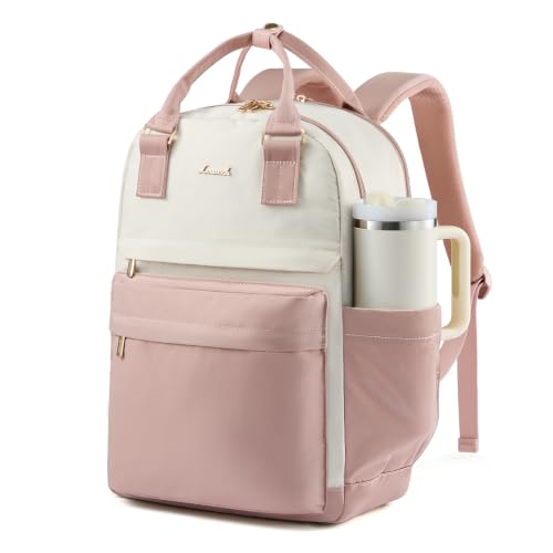 Image of LOVEVOOK Laptop Backpack for Women with Giant Tumbler Holder Pocket, 15.6 inch Laptop Computer Bag Travel Backpack Purse, Waterproof Work Nurse Teacher Bag College School Bookbag, Pink & Beige