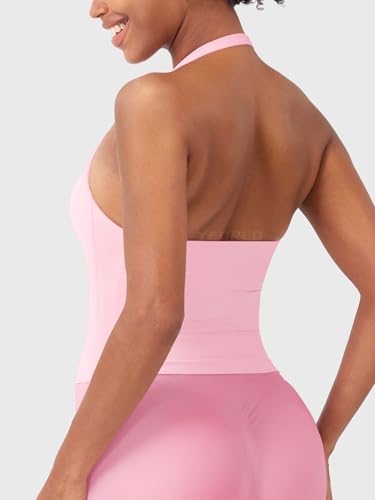 Image of YEOREO SoftHue Women's Impact Halter Tank Top Longline Backless Scoop Neck Built-in Bra Sports Workout Gym Crop Top