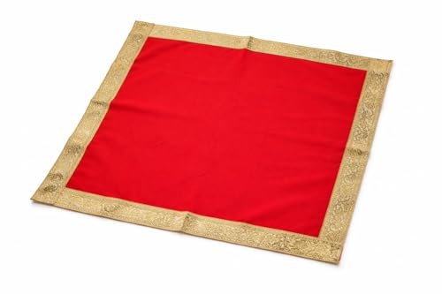 Decorative Puja Aasan Cloth (Size :-18x18 Inch)Traditional Mandir Tabletop Mat for Indian Traditional Ganesh Chaturthi Laxmi Poojan Diwali Festival Decoration Pooja Accessories for Home Temple (Red)
