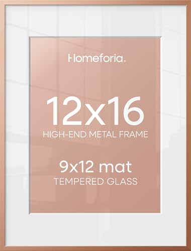 Image of Homeforia 12x16 Rose Picture Frame, High-End Metal, 9x12 Mat, Glass | High End Aluminum, Tempered Glass, Acid-Free 9x12 Removable Mat, 12x16 in Edge-to-Edge Display 16x12, Wall Kit, Set Of 1