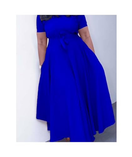 Image of SEMATOMALA Women's A Line Self Tie Waist Maxi Dress Round Neck Long Sleeve High Waist Plus Size Swing Flare Long Dresses