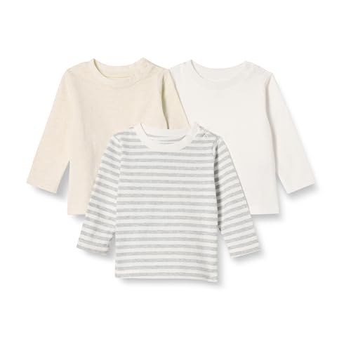Amazon Essentials Unisex Baby Langärmlige T-Shirts Aus 100 % Baumwolle Mit Lockerer Passform, 3er-Pack, Haferbeige Meliert/Streifen, 6-9 Monate