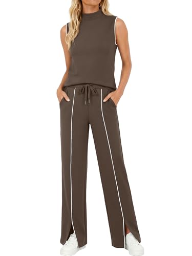 Casly Lamiit Workout Set Two Piece Outfits for Women Casual Crew Neck Top Wide Leg Pant Matching Clothing Sets Dark Brown L