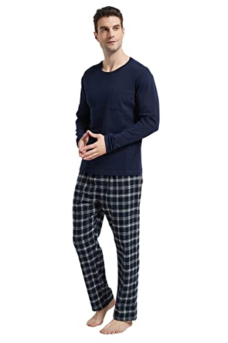 amaxer Men's 100% Cotton Pajama Set Flannel Plaid Pants Crew Neck Top Long Sleeves Pjs Elastic High Waist Sleepwear2