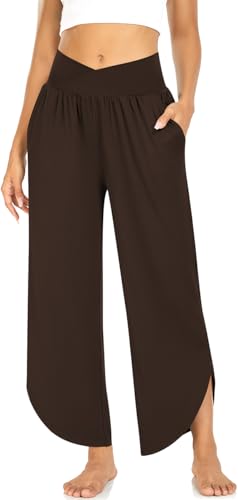 Image of TARSE Women's Wide Leg Yoga Pants Cross High Waist Flowy Split with Pockets | Comfy Lightweight Stretch, Flare Hem Cropped, Loose Dance Pants, Travel & Lounge, Everyday Casual Wear