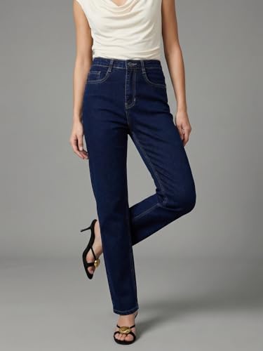 Image of Urbano Fashion Women's High Rise Straight Fit Washed Jeans Non-Stretchable