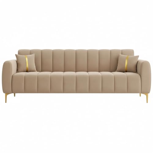 Image of FURNY Harmony 3 Seater Velvet Fabric Sofa Set (Beige) with Golden Finish Legs Durable & Comfortable Ideal for Living Room