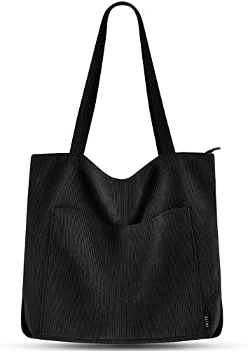 Prite Corduroy Tote Bag for Women Large Shoulder Bag with Zipper and Pockets for College School Work Travel Shopping (Pink)