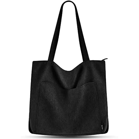 Prite Corduroy Tote Bag for Women Large Shoulder Bag with Zipper and Pockets for College School Work Travel Shopping-Black Cover
