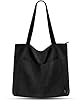 Prite Corduroy Tote Bag for Women Large Shoulder Bag with Zipper and Pockets for College School Work Travel Shopping-Black #3