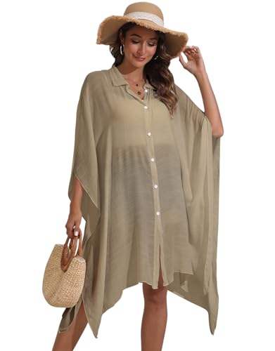 Cogild NZ8408 Women Swimsuit Cover Up Button Down V Neck Half Sleeve Loose Beach Cover Ups Swimwear Shirts cover