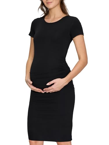 MIRAZEN Womens Maternity Dress Short Sleeve Ruched Pregnancy Summer Dresses Black M