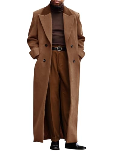 Runcati Mens Full Length Trench Coat Notched Lapel Long Jacket Double Breasted Classic Winter Overcoat
